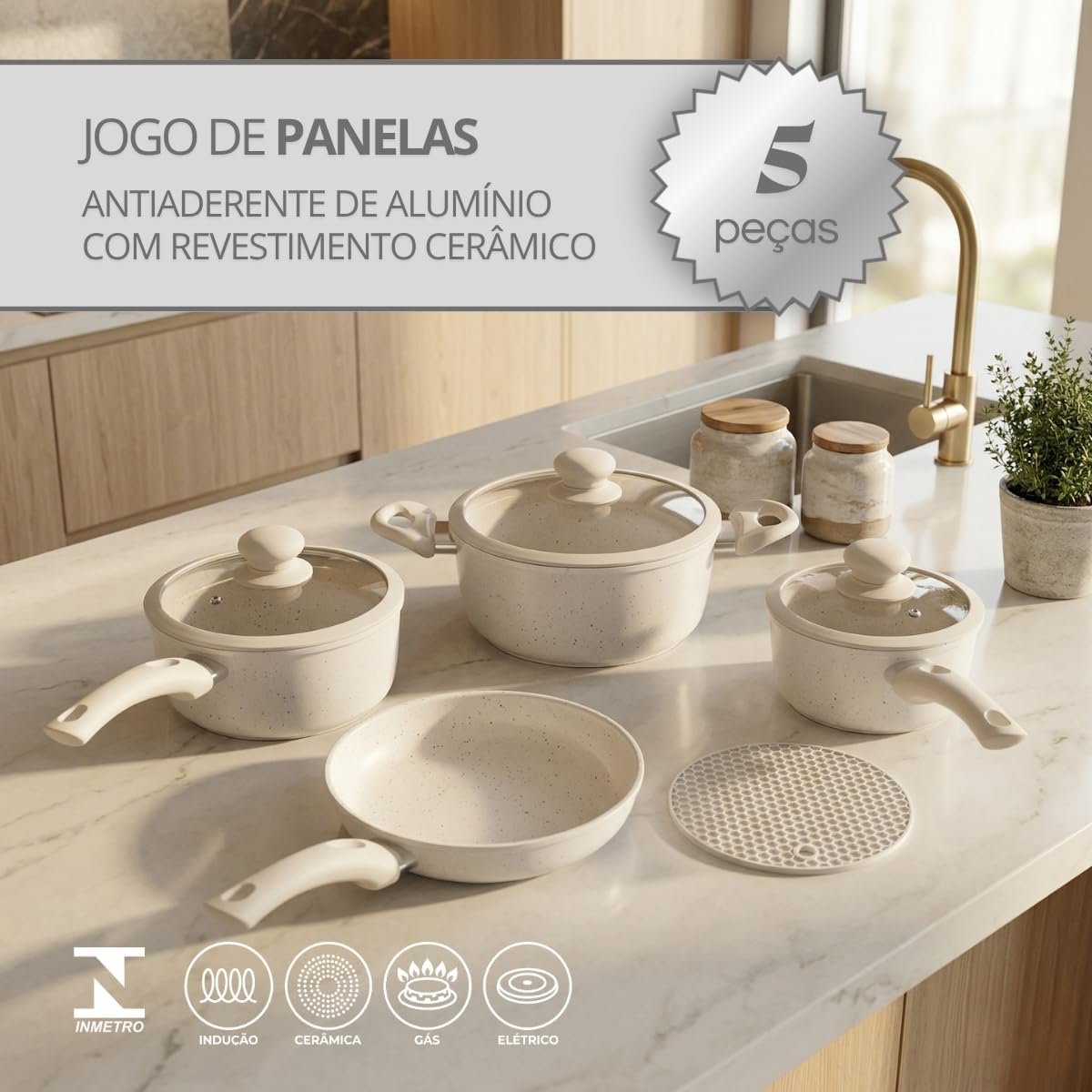 Jogo de Panelas de Cerâmica Antiaderente, 5 Peças, Tampa com Silicone: bonito, barato, mas por quanto tempo?