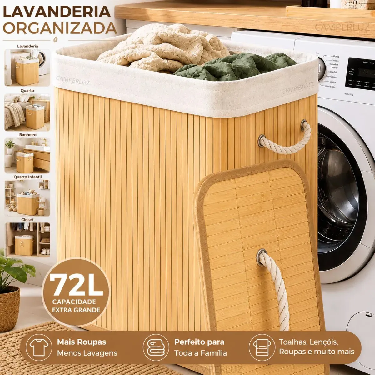 Cesto de Roupa Suja em Bambu Natural, 60L: bonito na decoração, mas e na prática?